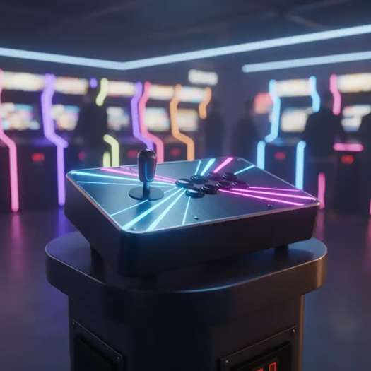 Neon-lit arcade controller on a dark gaming desk